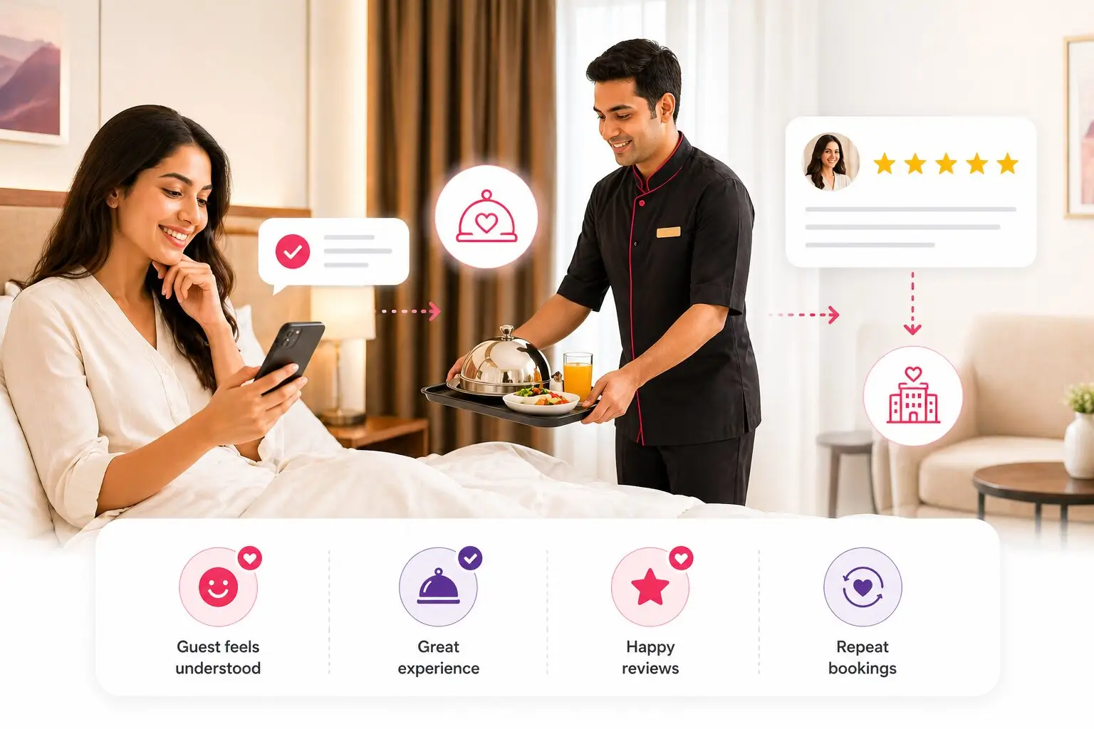 Hotel guest browsing the digital menu in their preferred language
