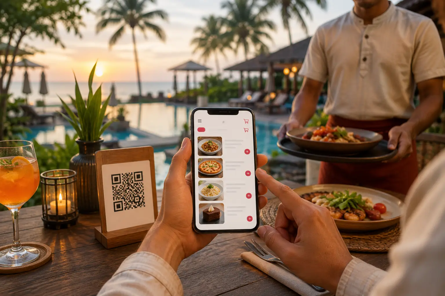Guest browsing hotel menu on a smartphone at a beach resort