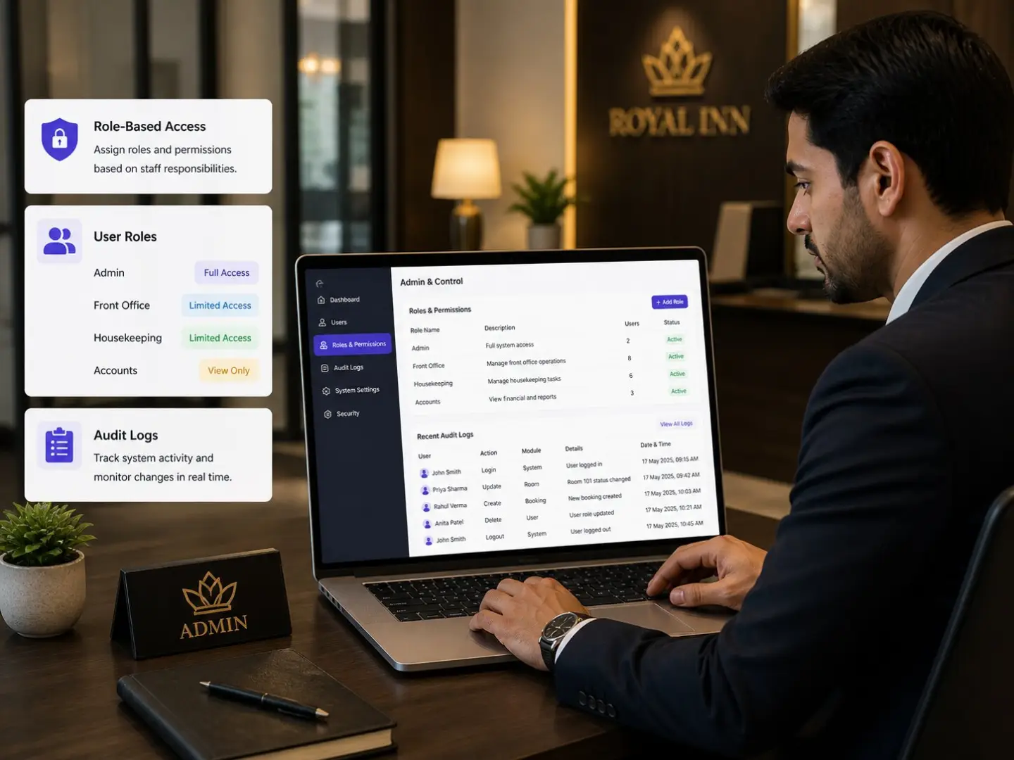 Hotel store inventory setup dashboard for items, locations, and reorder levels