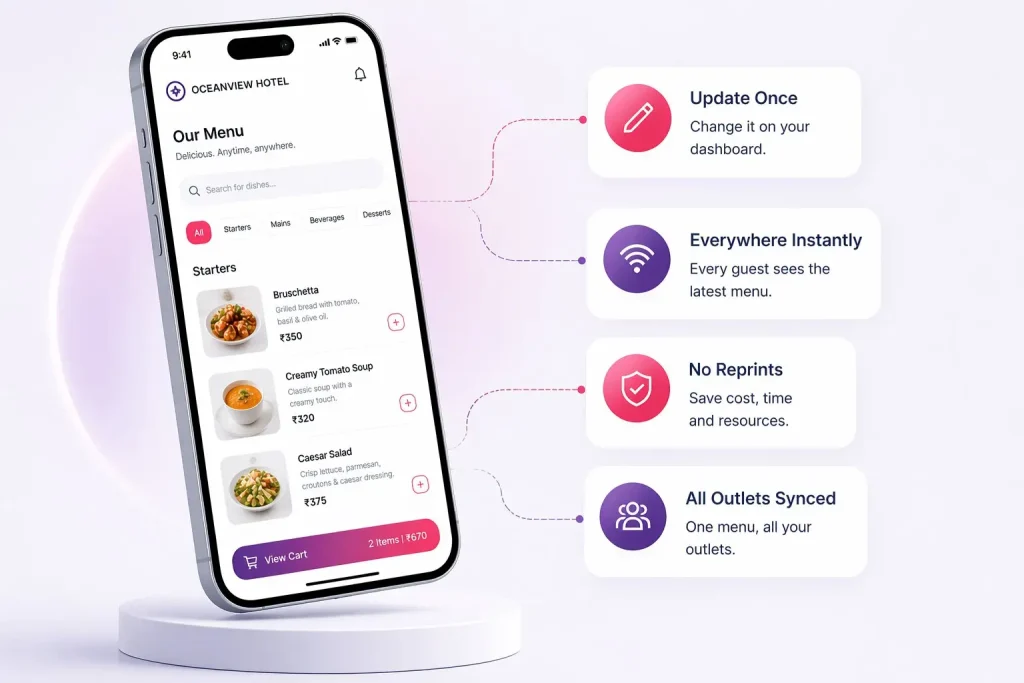 Foodle+ digital hotel menu software with live menu updates, QR ordering, and real-time synchronization
