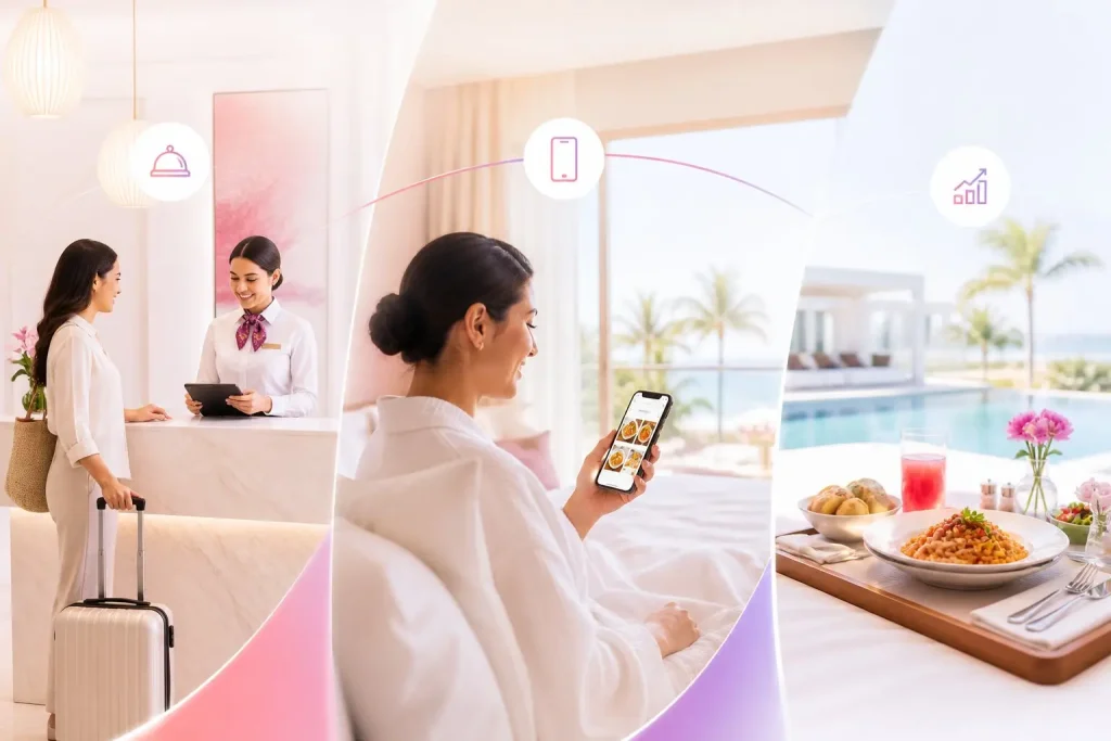 Guest using hotel mobile app for room service, digital ordering, and seamless hospitality experience