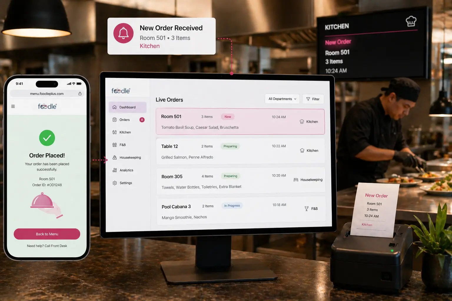 Hotel kitchen receiving and preparing guest food orders in real time