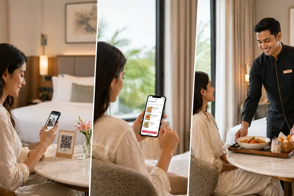 QR code ordering in hotels showing guests scanning a code, browsing the digital menu, and ordering room service