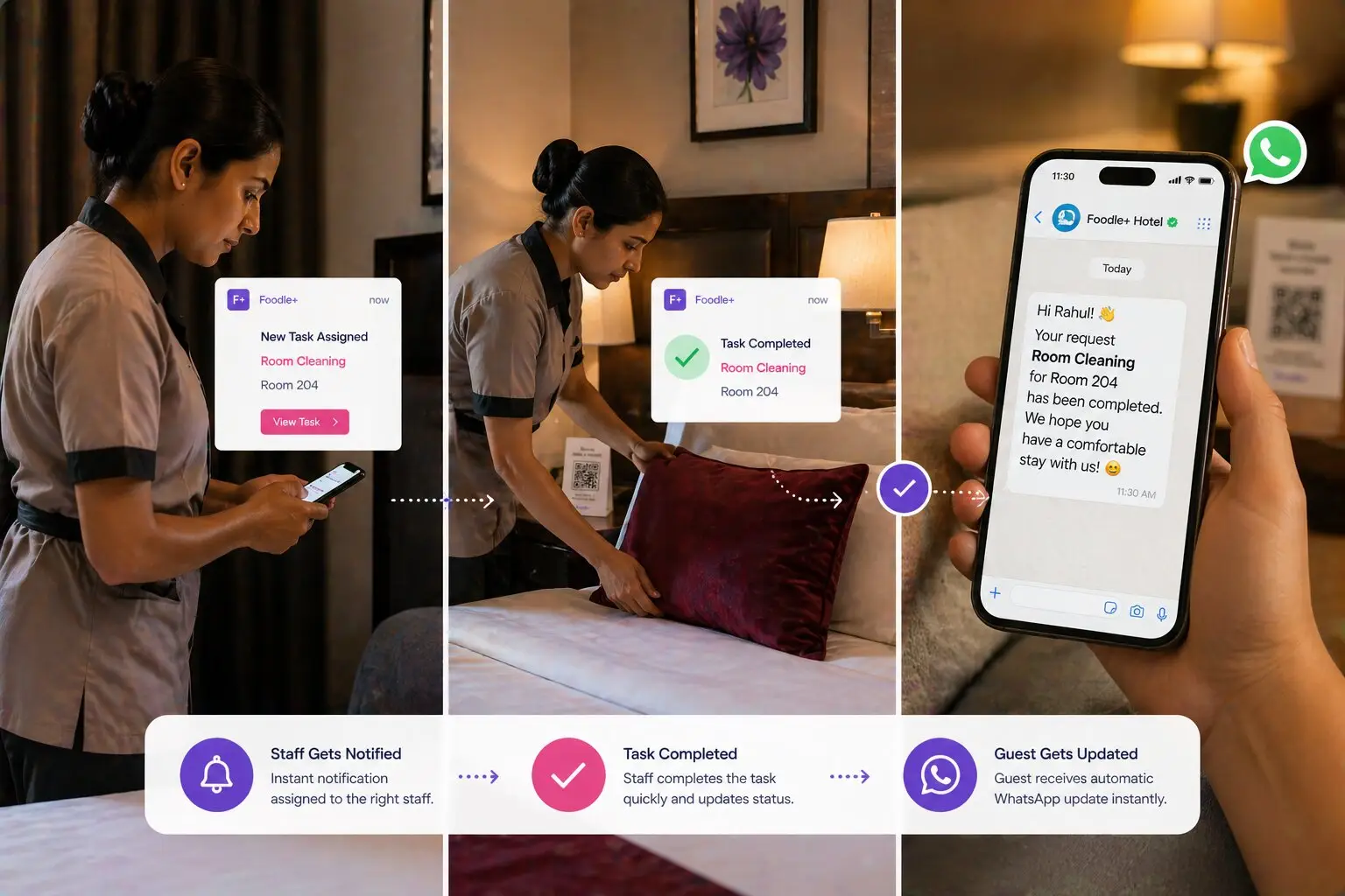 Hotel task completion with instant guest notification for seamless service updates