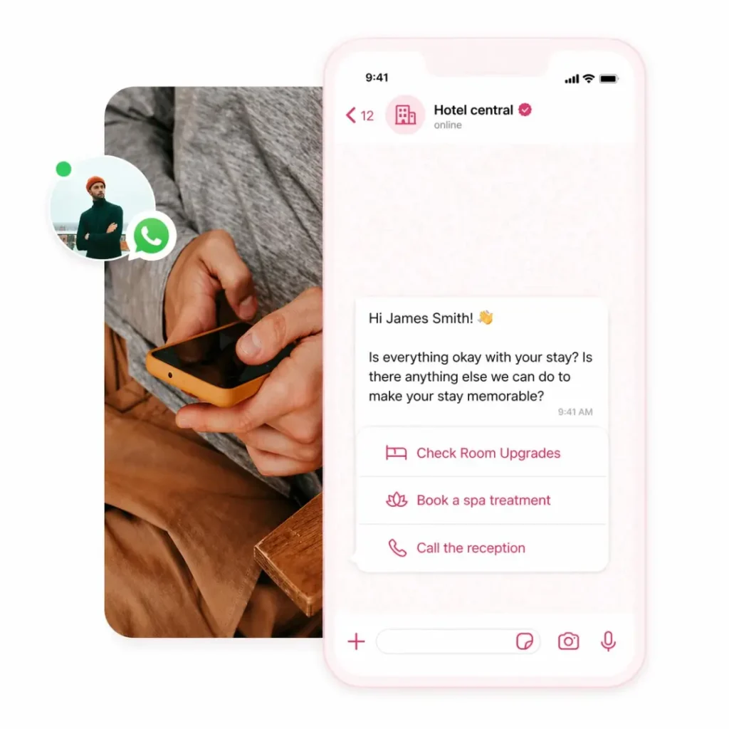 Hotel WhatsApp automation for guest engagement with automated messages, service options, and upsell offers