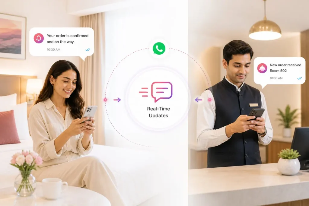 Real-time hotel communication platform with instant guest order updates and WhatsApp notifications