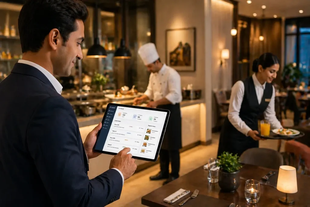 Foodle+ F&B management software used in hotel restaurant for managing orders, kitchen operations, and service