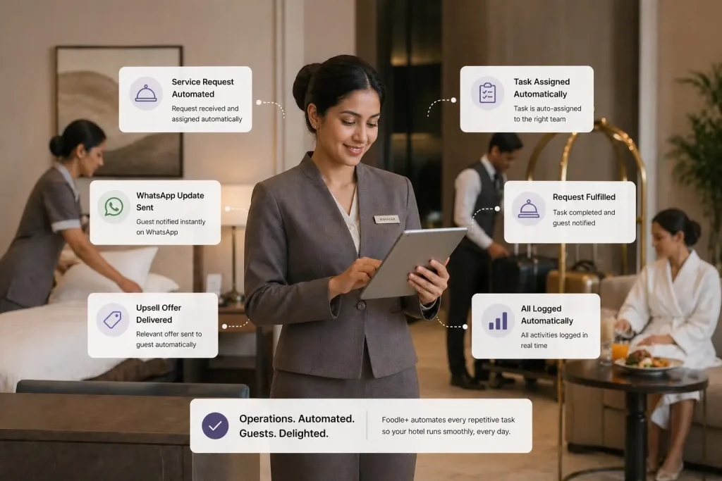 Hotel staff using Foodle+ F&B management software to automate service requests, manage food and beverage operations, and track tasks in real time