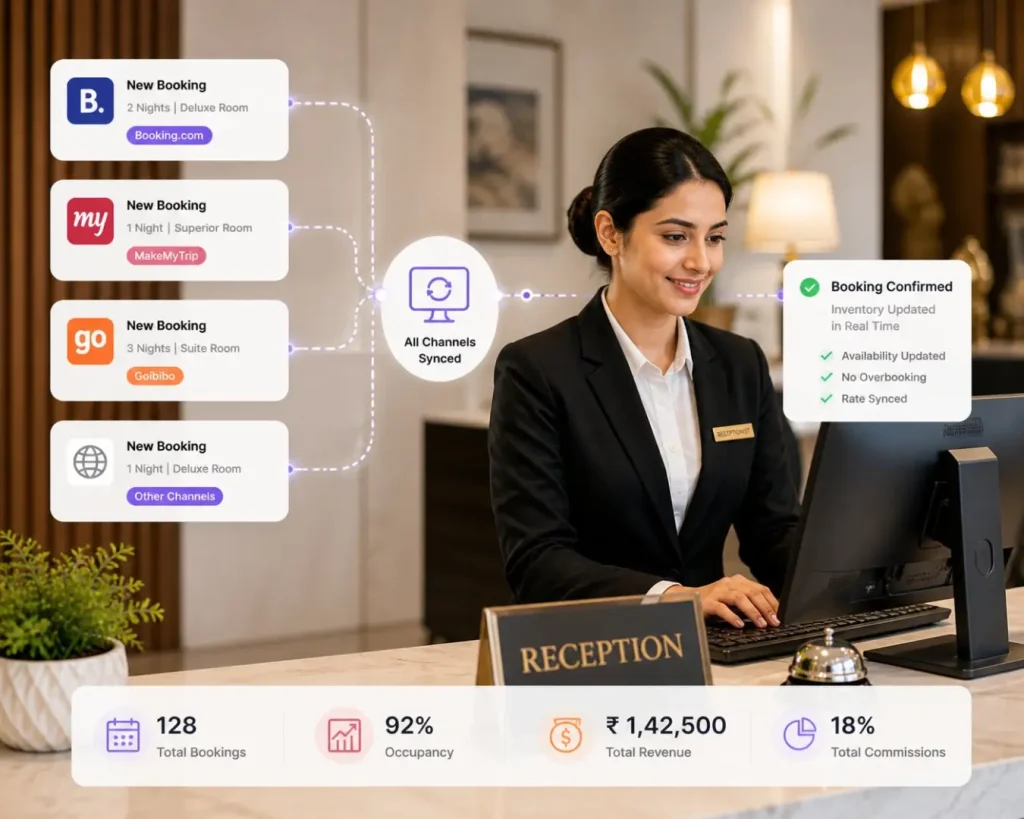 hotel channel manager syncing bookings from MakeMyTrip Goibibo and OTA channels with real time inventory updates