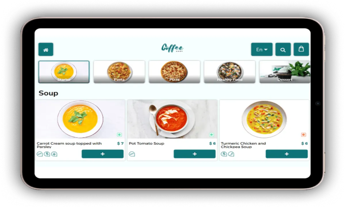 Restaurant digital menu dashboard on tablet with online food ordering system and interactive categories for hotels and cafes
