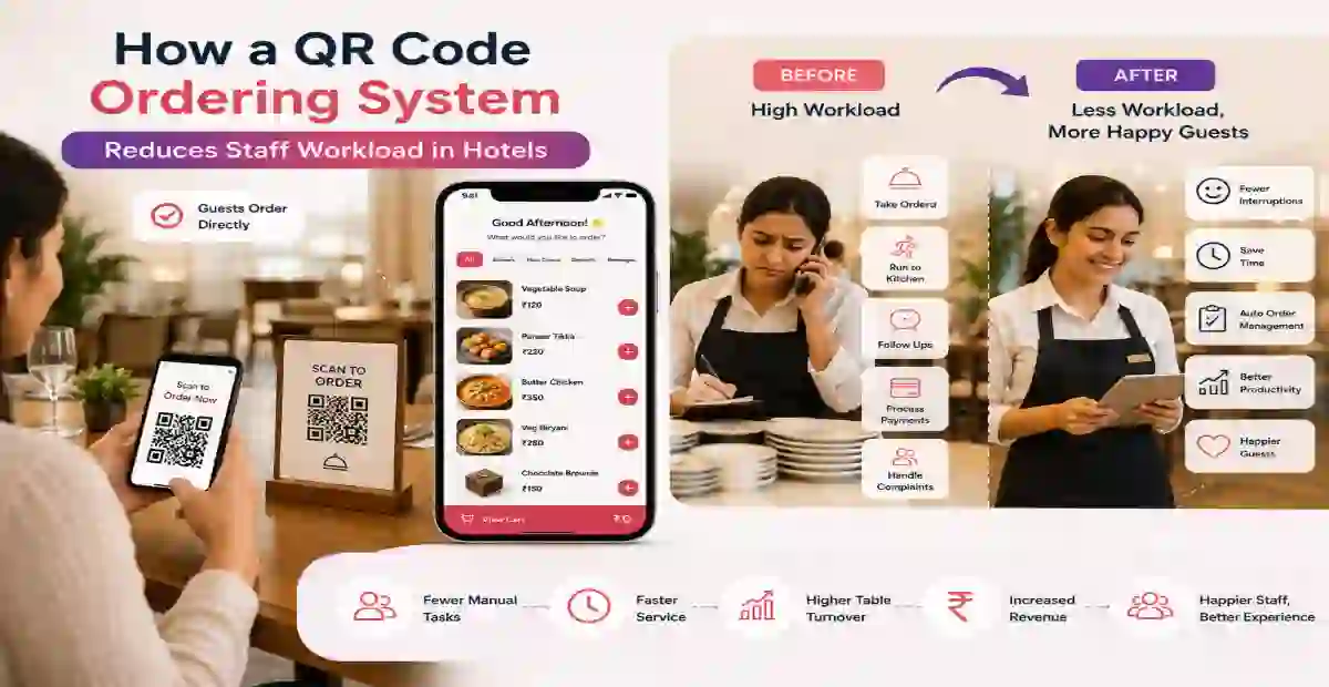 Hotel guest scanning QR code menu on smartphone at restaurant table