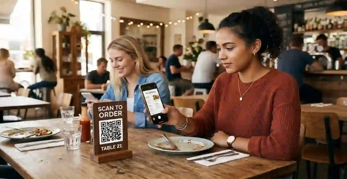 Why Guests Prefer QR Table Ordering Over Waiting for Staff 2 Guests using QR restaurant ordering system at dining table with mobile phone, contactless food ordering experience in cafe