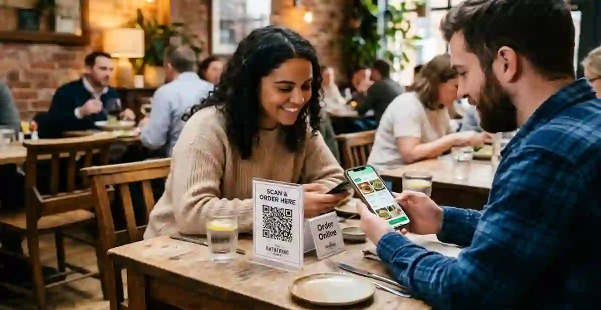 Why Guests Prefer QR Table Ordering Over Waiting for Staff 1 Restaurant QR table ordering setup with smartphone menu browsing, digital ordering technology and served food on table