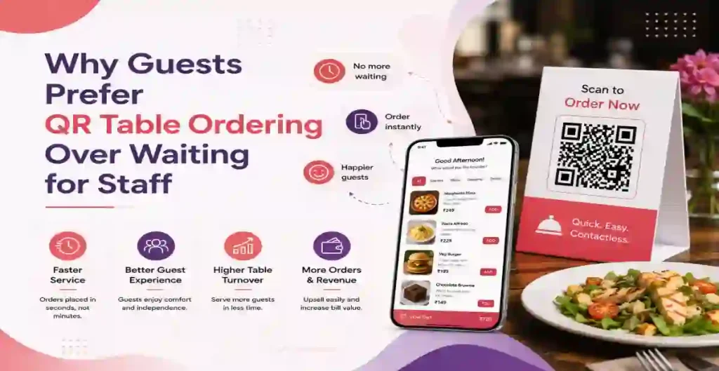 Contactless QR code restaurant ordering experience with customers scanning table QR menu and placing food orders online