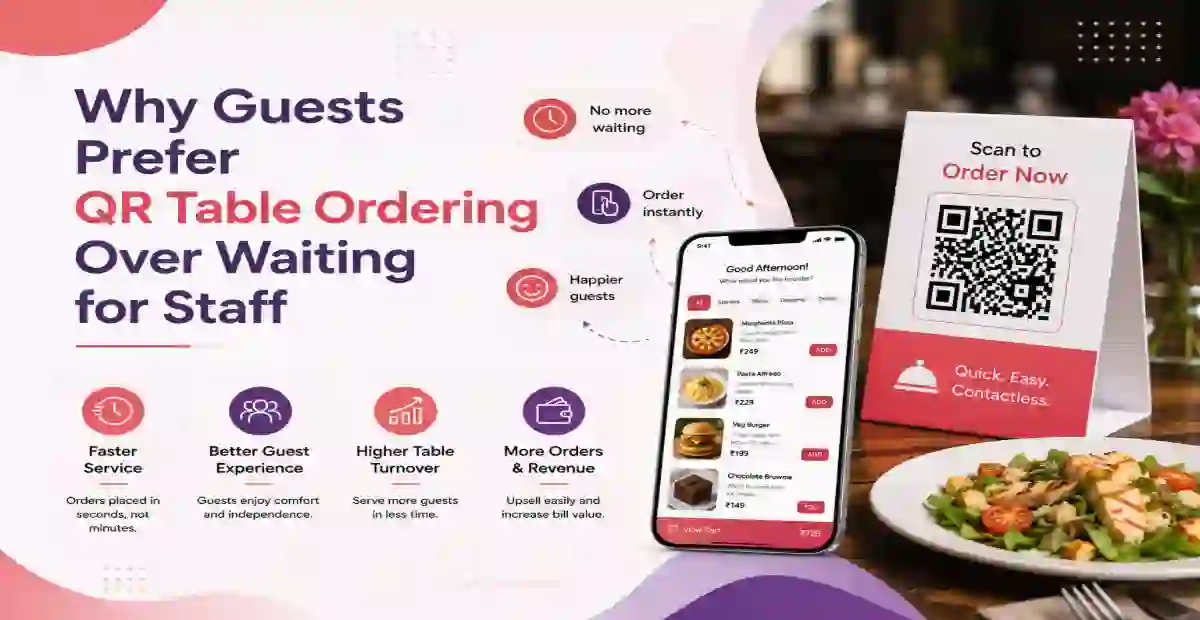 Contactless QR code restaurant ordering experience with customers scanning table QR menu and placing food orders online