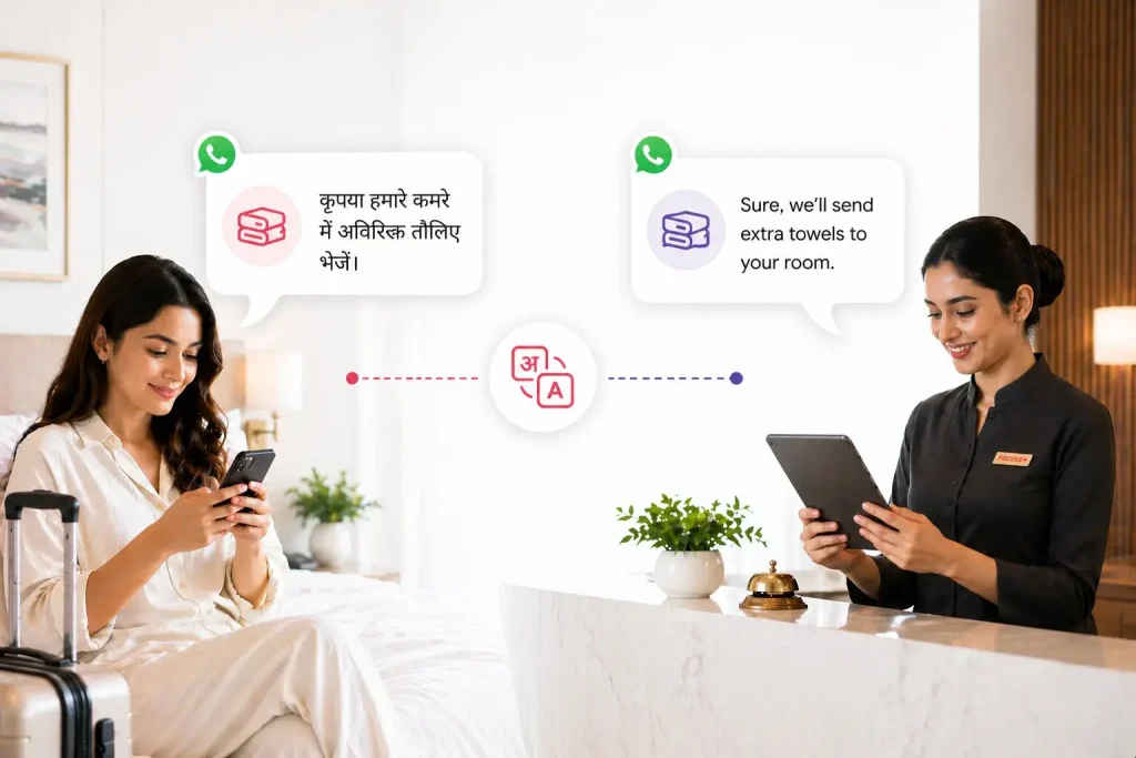 Hotel multi language support enabling guest communication in different languages with real-time translation and seamless staff interaction