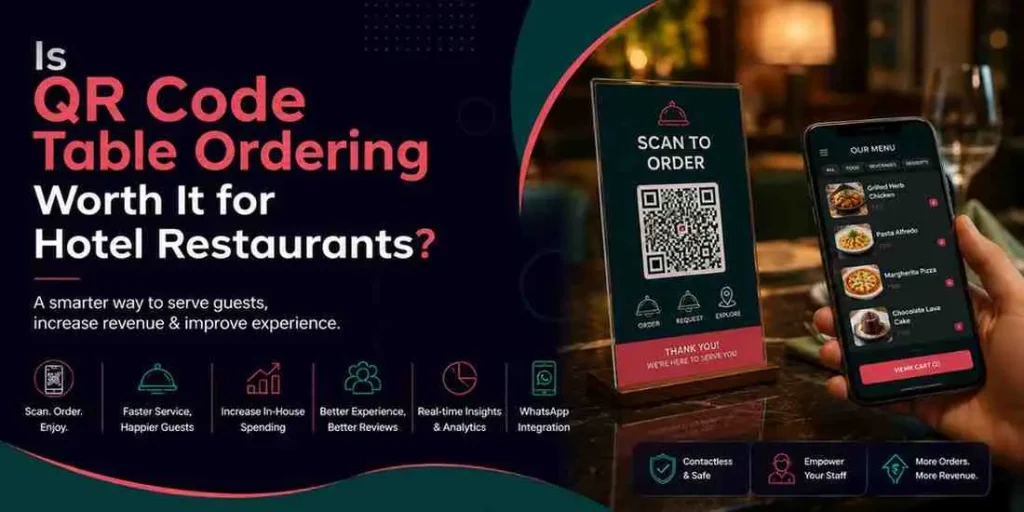 Guest using QR code table ordering in a hotel restaurant to view a digital menu and place food orders from a smartphone.