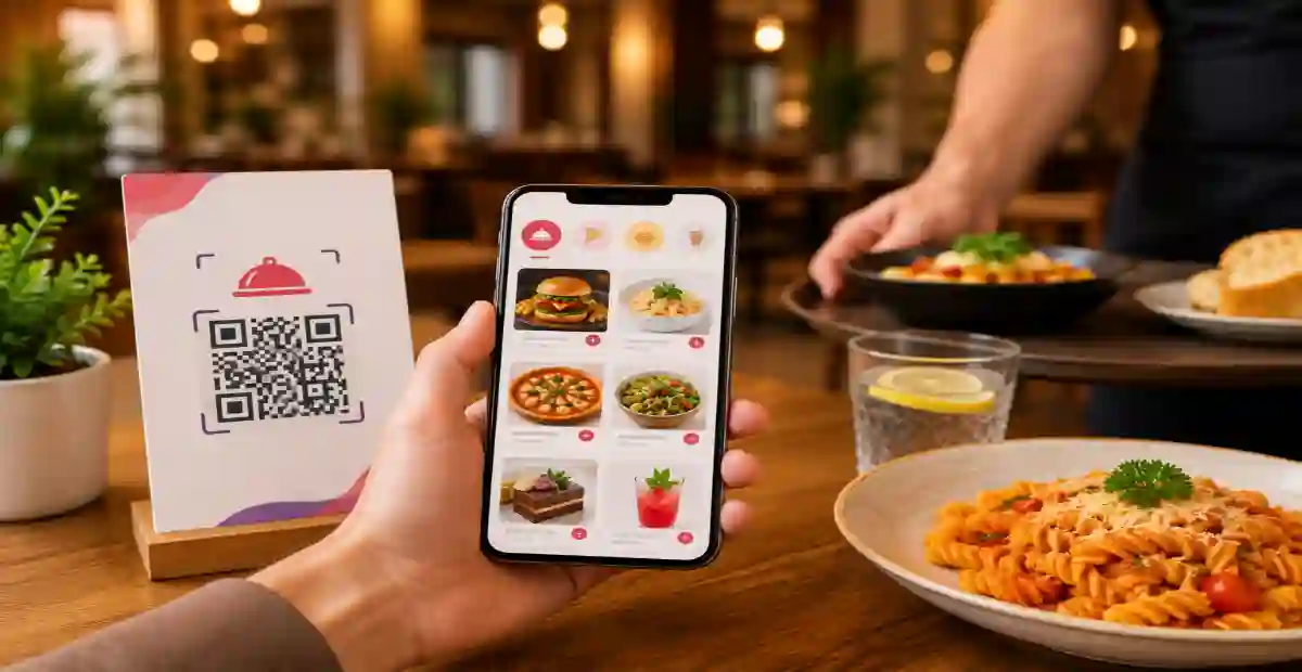 Why Guests Prefer QR Table Ordering Over Waiting for Staff 3 QR code menu ordering system in a modern restaurant with customer scanning QR on table using smartphone and digital food menu interface