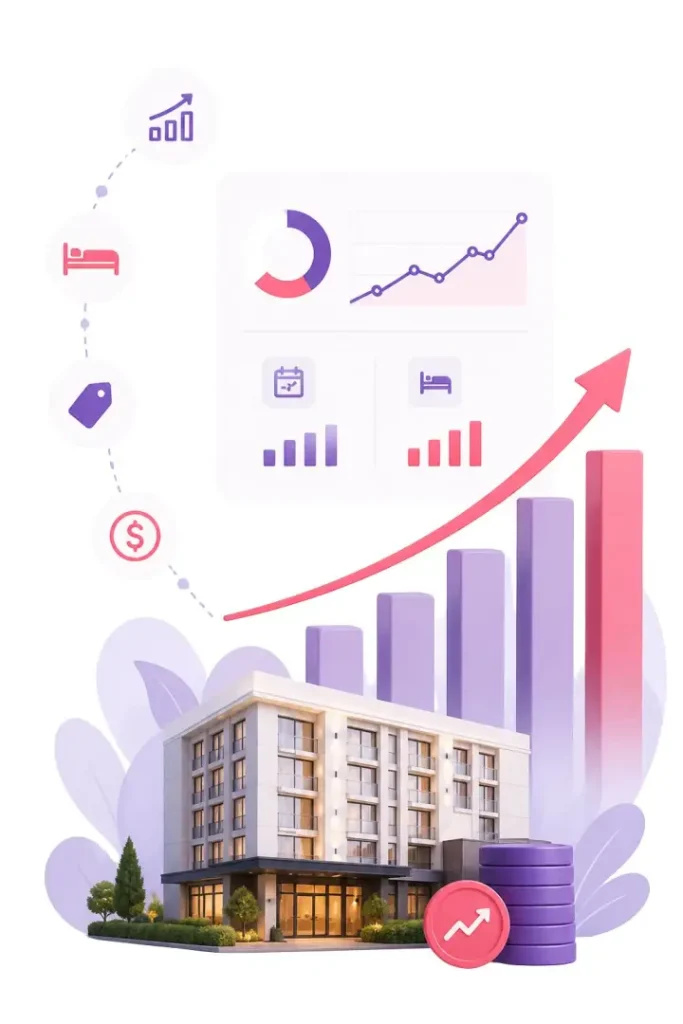 Hotel revenue growth and performance analytics illustration showing revenue management through hotel property management software.