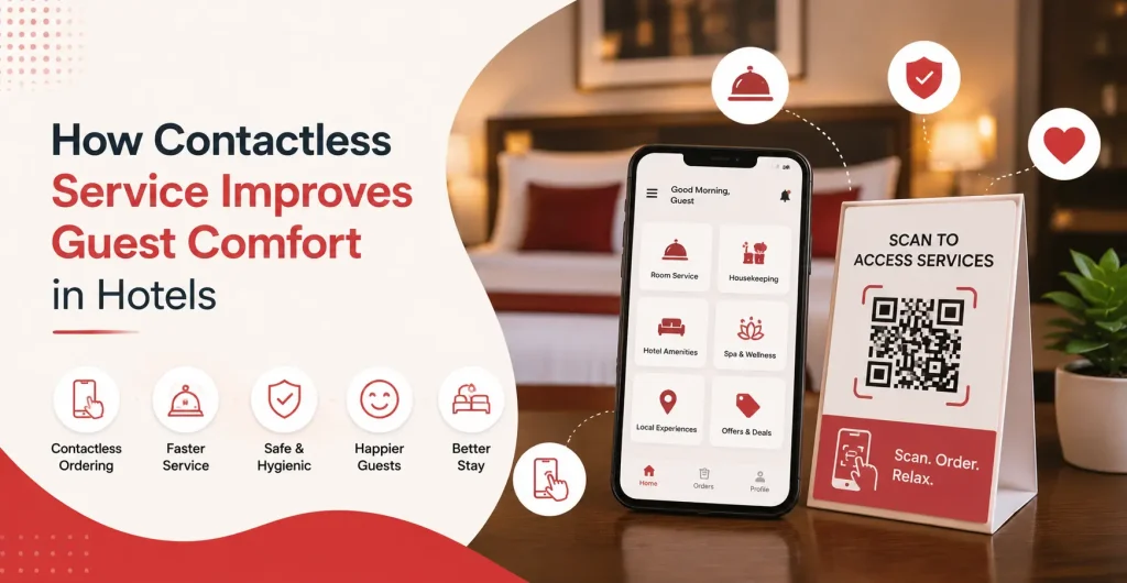 Contactless service in hotels allowing guests to access room service, housekeeping, and amenities through hotel guest experience software