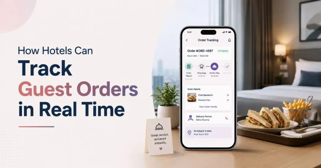Track guest orders in real time using a hotel restaurant dashboard that displays order received, preparing, in delivery, and completed statuses for faster guest service.