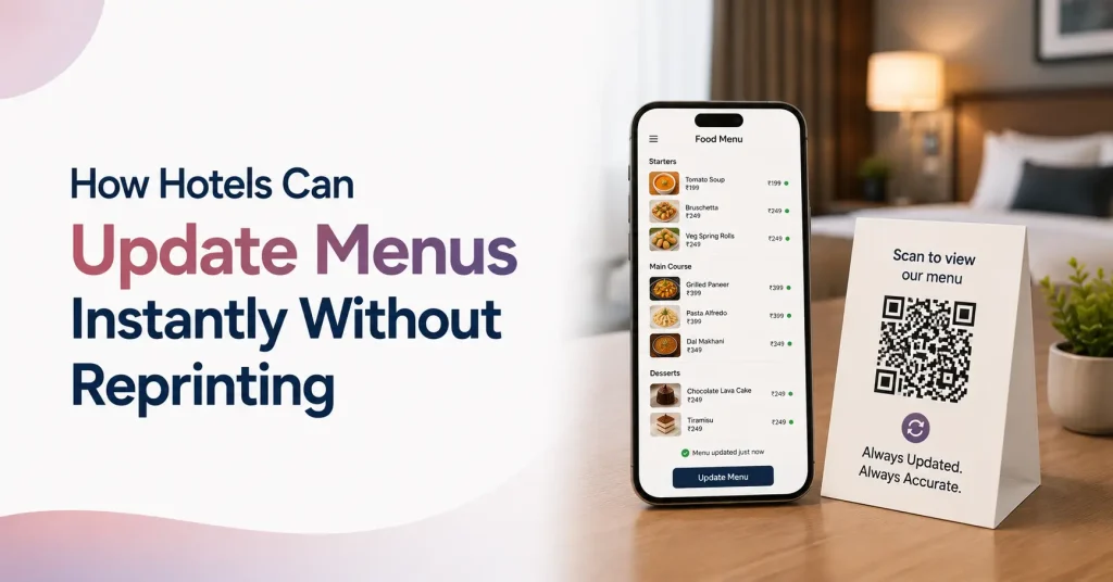 Digital menu update system allowing restaurants and hotels to make real-time menu changes, update pricing, and manage QR code menus without reprinting menus