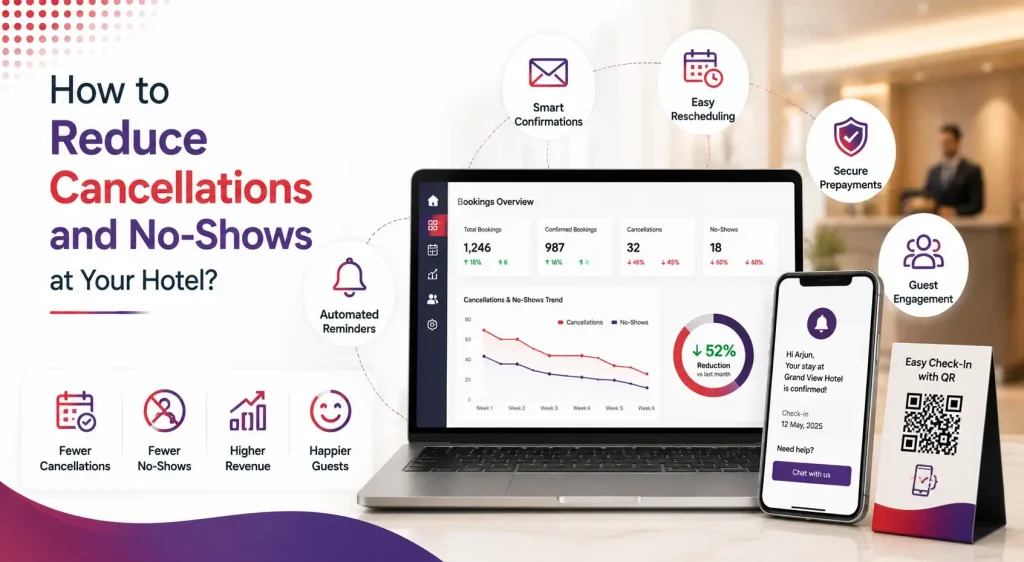 How to reduce hotel booking cancellations and no-shows using automated reminders, smart confirmations, secure prepayments, guest engagement, and QR code check-in