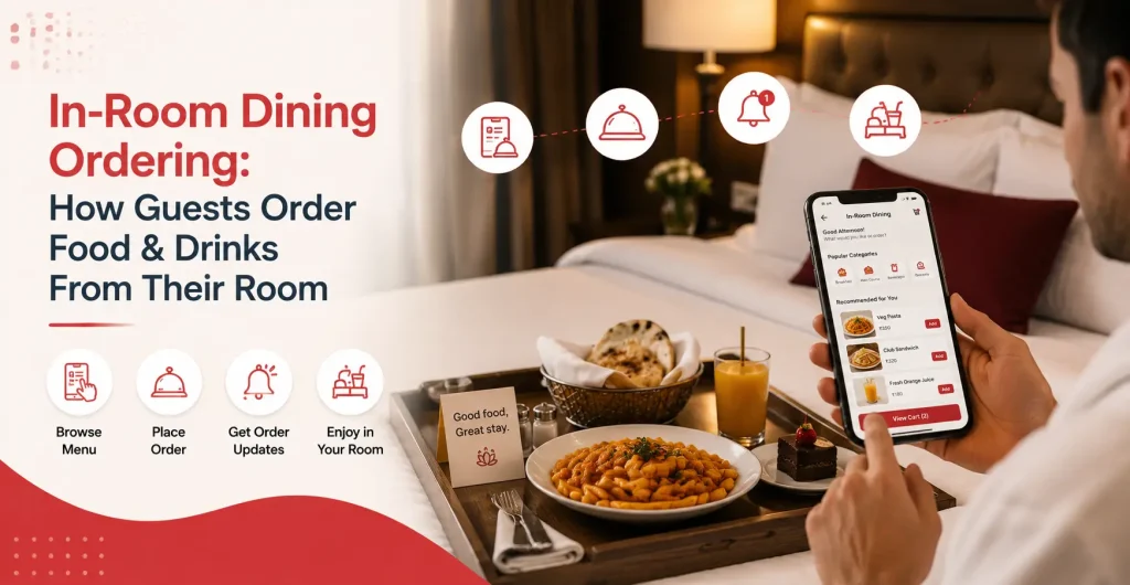 In-room dining ordering through a hotel app that lets guests browse menus, place food orders, and receive digital room service updates