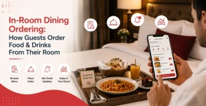 In-room dining ordering through a hotel app that lets guests browse menus, place food orders, and receive digital room service updates