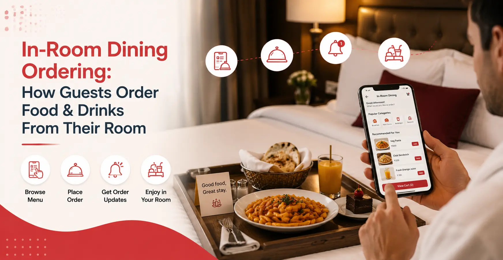 In-room dining ordering through a hotel app that lets guests browse menus, place food orders, and receive digital room service updates