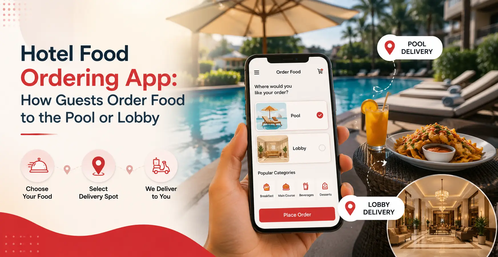 Hotel food ordering app allowing guests to order food to the pool or lobby with location-based delivery service