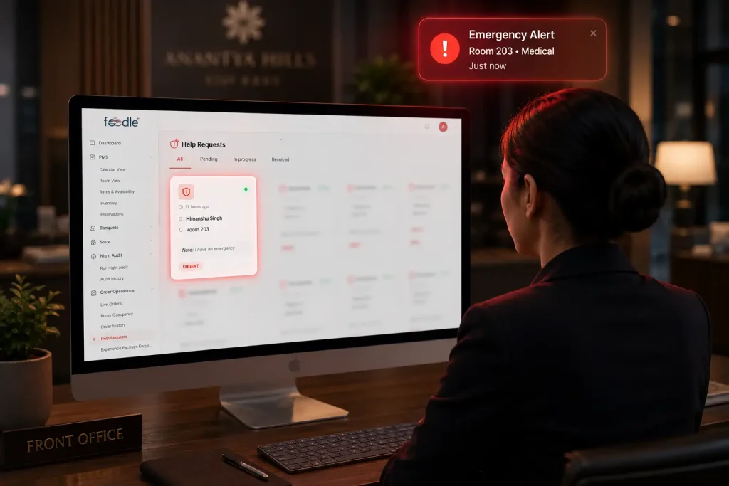 Hotel guest SOS system dashboard displaying a medical emergency alert from Room 203, enabling front office staff to respond instantly through a guest safety platform.