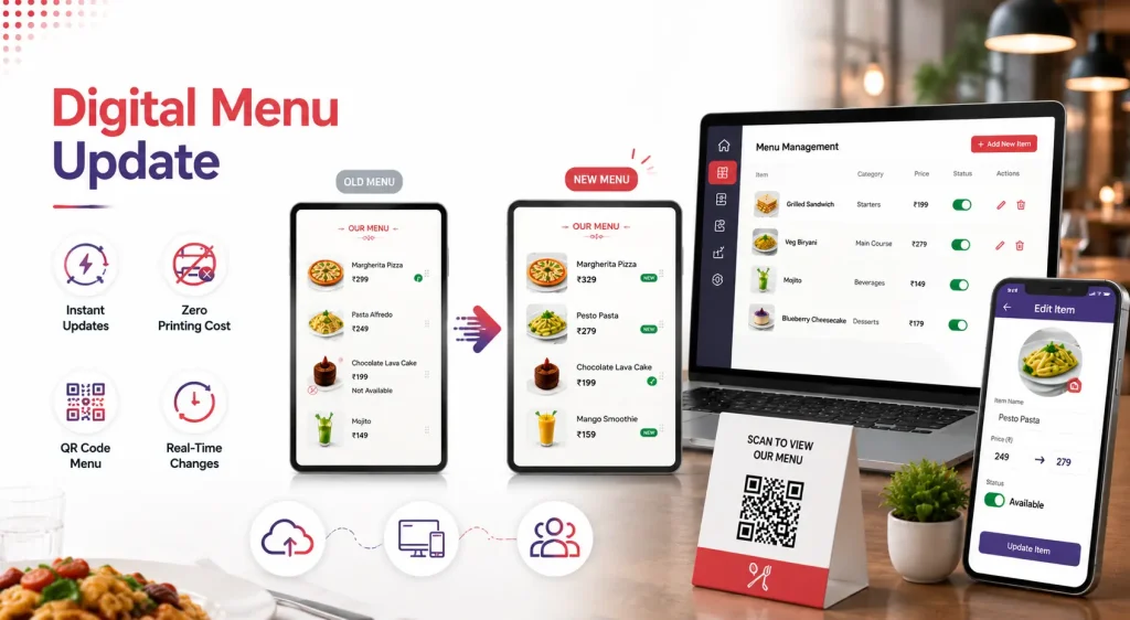 Digital menu update system allowing restaurants and hotels to make real-time menu changes, update pricing, and manage QR code menus without reprinting menus