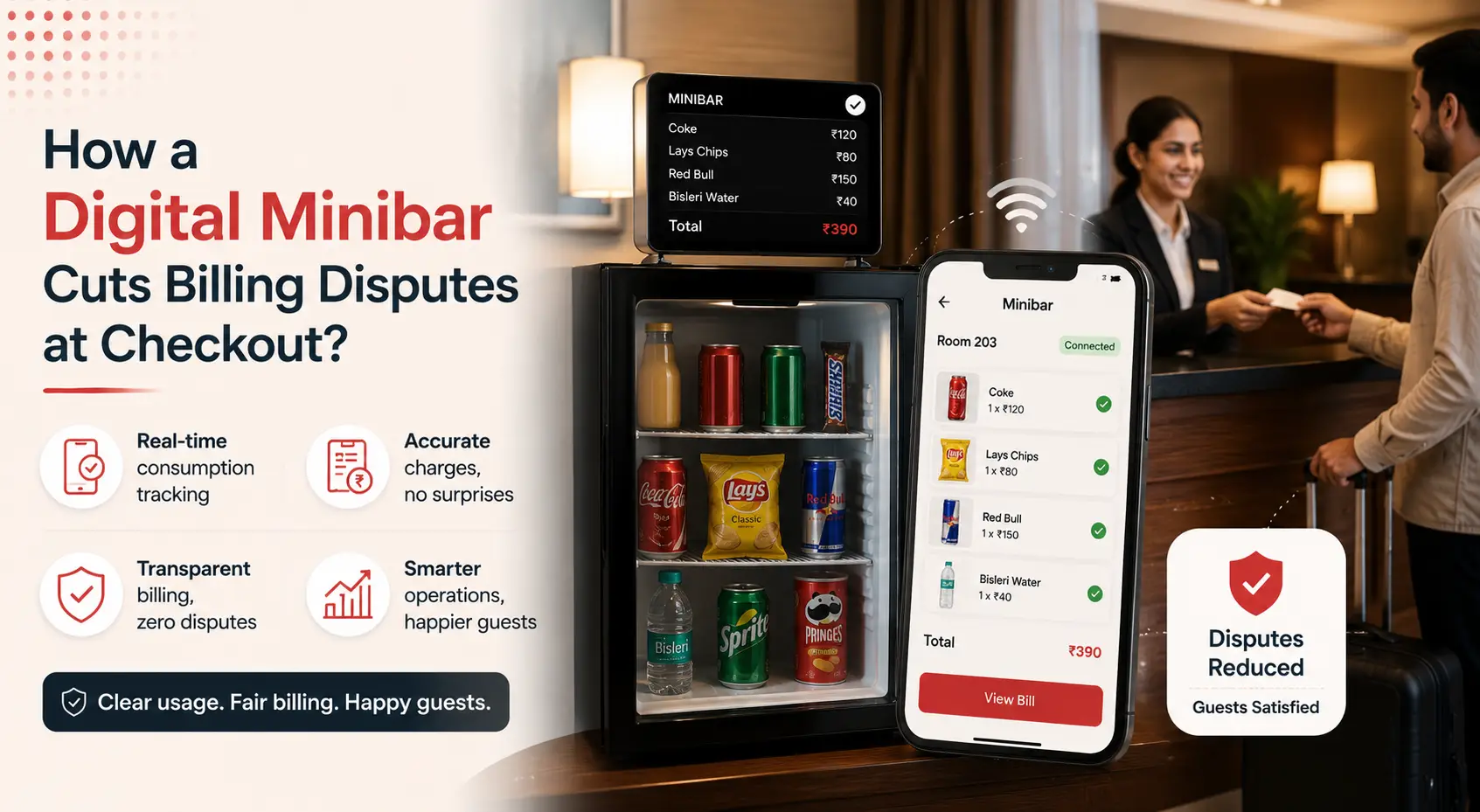 Hotel digital minibar inventory displaying beverages and snacks for automated minibar management and guest room service tracking