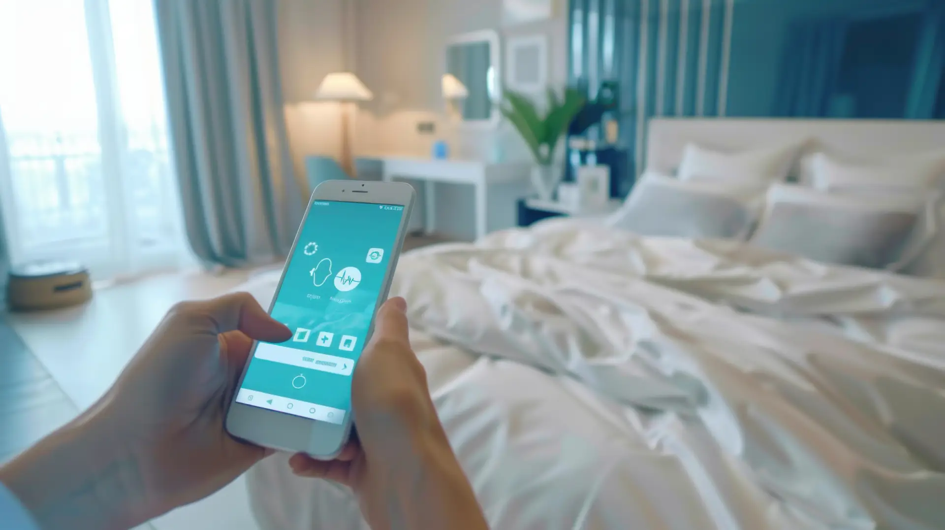 How Guests Can Schedule Room Cleaning From a Hotel App 1 Hotel guest using a mobile app in a hotel room to request housekeeping services and manage room cleaning preferences