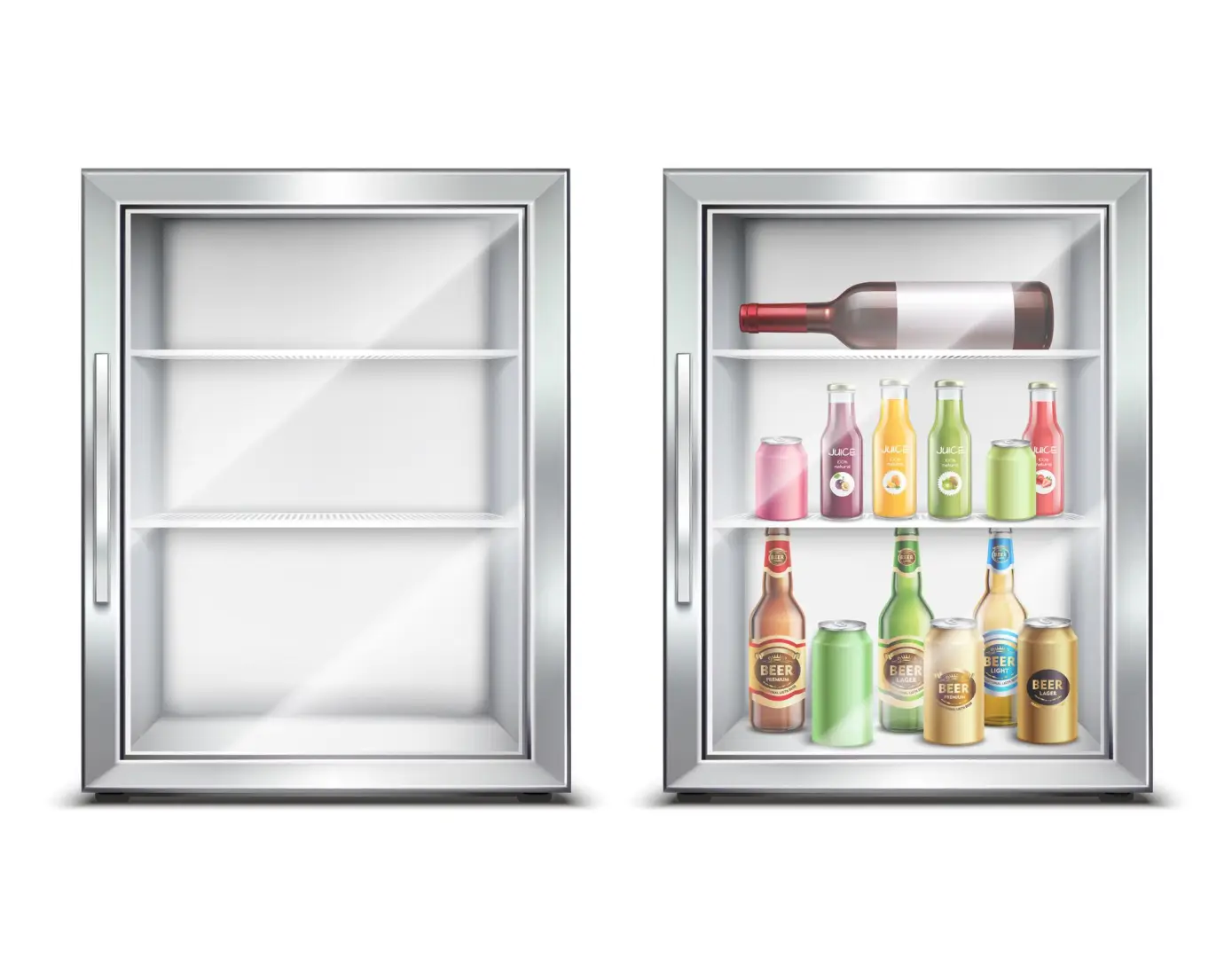 Hotel minibar inventory displaying beverages and snacks for automated minibar management and guest room service tracking