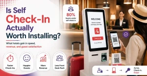 Hotel self check-in kiosk allowing guests to complete contactless check-in, reduce front desk wait times, and improve guest satisfaction
