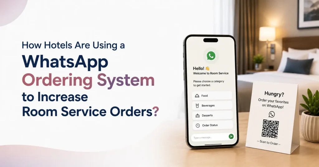 Hotel WhatsApp ordering system showing a guest placing a room service order through WhatsApp with real-time order tracking, secure payments, and room service revenue growth.