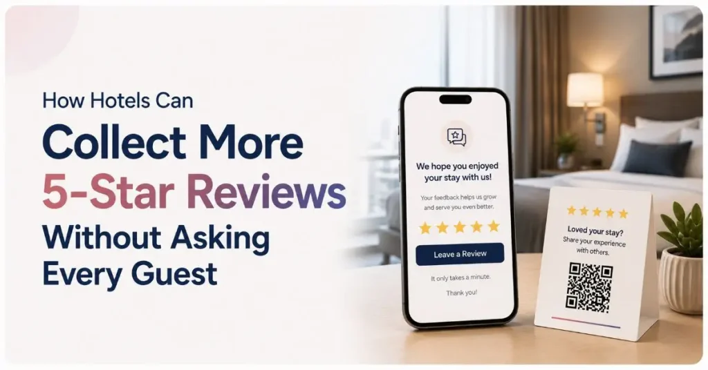 Hotel 5-star reviews feature showing QR code and digital feedback system to collect more guest reviews