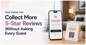 Hotel 5-star reviews feature showing QR code and digital feedback system to collect more guest reviews