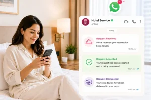 Hotel guest using guest experience software to request hotel services through WhatsApp with real-time request updates and room service tracking.
