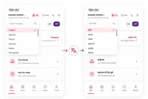 Hotel guest app interface showing multilingual support with language switching between English and Hindi for hotel services.